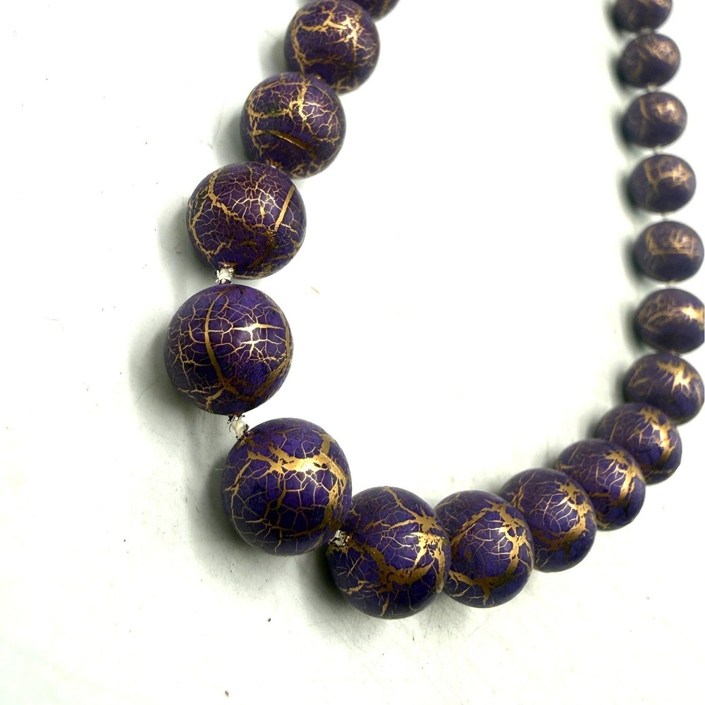 Vintage Purple and Gold Crackle Bead Graduated Necklace 22 Inch Strand